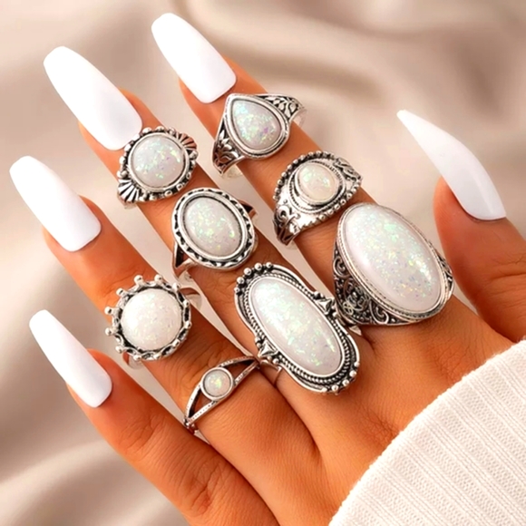 Jewelry - 5/25 8 silver ring lot bohemian style rings white opal colored stones unique
